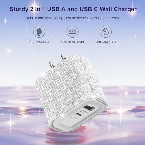 Image of Aolcev for iPhone Charger Fast Charging Bling 2 in 1 USB C Charger Block | 25W Type C Fast Charging Blocks Bling USB A USB C Adapter for iPhone 17 16 15 14 13 iPad Galaxy S26 S25 Rhinestones Sliver