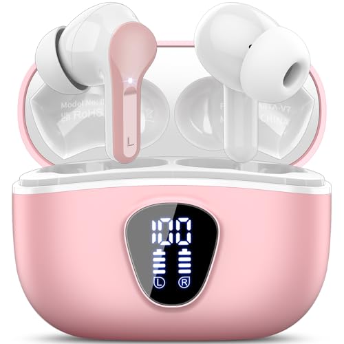 Image of Wireless Earbuds, Bluetooth 5.4 Headphones HiFi Stereo, Bluetooth Earbuds with ENC Noise Cancelling Mic, IP7 Waterproof in Ear Earphones, 48H, LED Display Ear Buds for Pad Phones Workout Sports, Pink