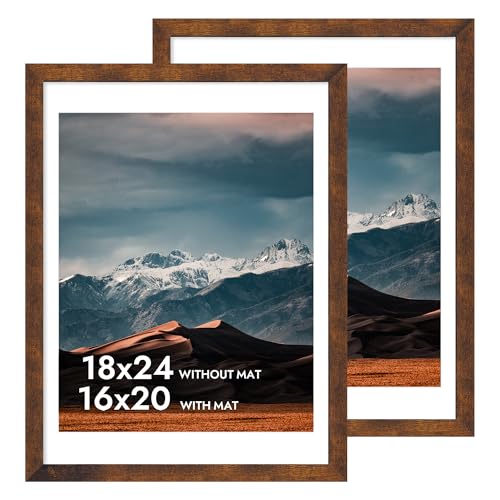 iRahmen 18x24 Poster Frame with 16x20 Mat - Plexiglass Wooden Picture Frames for Photo Wall Gallery Mounting (Dark Brown, Set of 2)