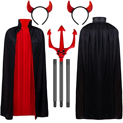 LZAOA Devil Costume Set, Adult Reversible Cloak, Vampire Cape, Devil Horns Headband, Red Black, Halloween