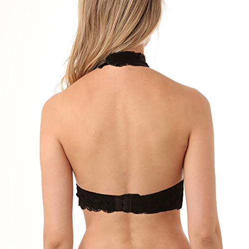 Image of Floral Lace Halter Bra Bralette Top Hook and Eye Closure Back Unpadded Wirefree Lace Bra
