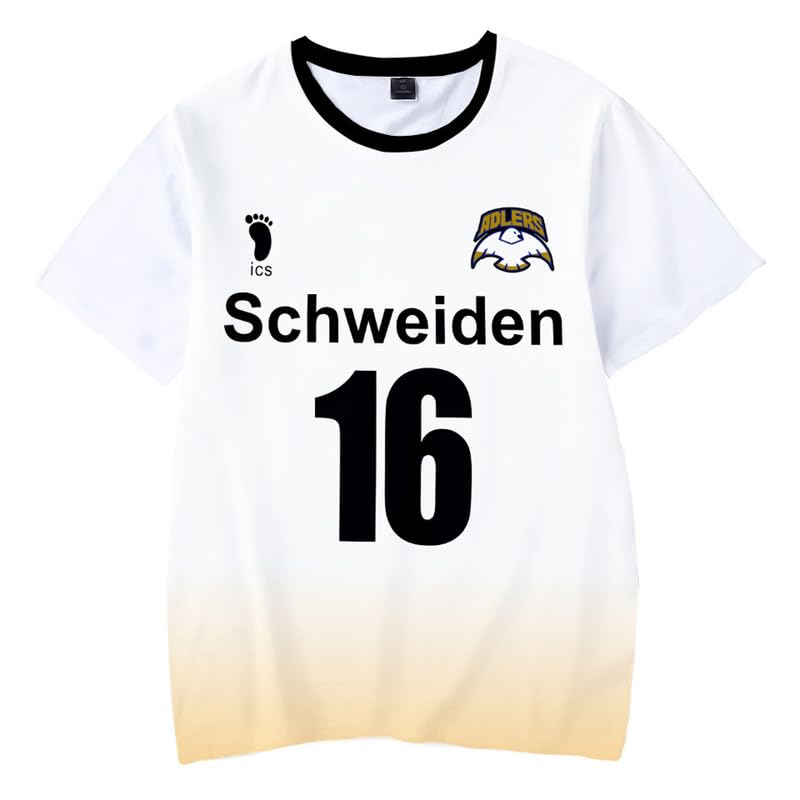 Schafrog Schweiden Adlers Kourai Hoshiumi Volleyball Short Sleeve T-Shirt Cosplay Costume NO.16 White XXL (Bust 130 cm)