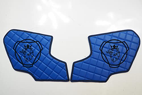 KRAM-TRUCK Parties latérales matelassées brodées pour Portes 2 pièces, Compatible avec Scania R, P, G à partir de 2017, Bleu, Fermeture Velcro, Cuir synthétique éponge 1 cm, Certificat d'hygiène