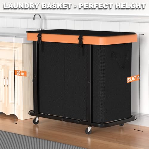 Image of 230L (60 Gal) Large Fashion Laundry Basket with Wheels, Leather Patchwork Laundry Sorter 3 Section, Sturdy Metal Frame, Removable Washable Bag, Tall Clothes Sorter for Bedroom - Black