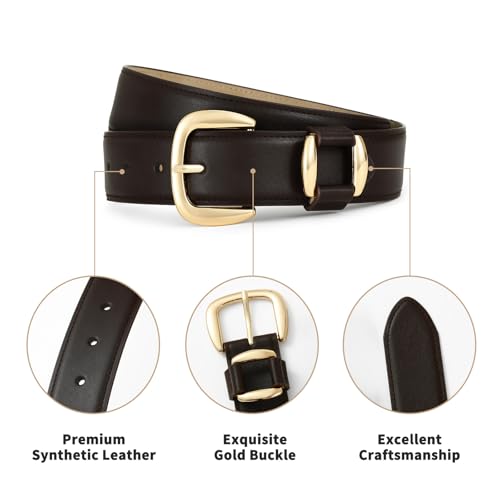 Womens Belt Dark Coffee Leather Belt with Gold Buckle Waist Belt for Women Fashion Dress Belt4