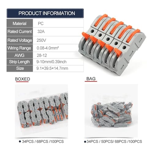 Conector de cable rápido tipo tope y bloque de terminales para empalmes de circuito, 100 piezas 5