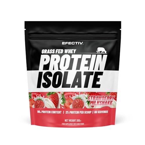 Efectiv Grass Fed Ultra-Filtered Whey Protein Powder Isolate 2KG - Strawberry Milkshake - 27g Protein & 90% Protein Content - 66 Servings - Low Fat, Low Sugar