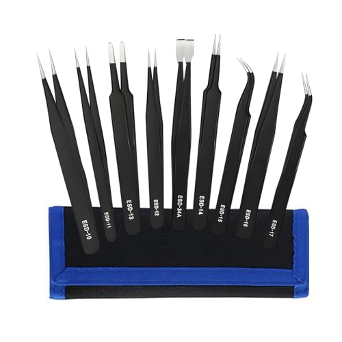 9 Pièces Pince Brucelles de Précision ESD, Pince Modelisme Inclus Étui Acier Inoxydable Pincettes Antistatiques pointe fine pour Électronique Bijoux Réparation d'Équipements Laboratoire