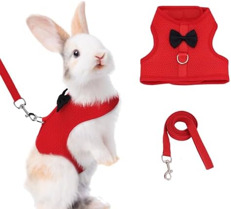 AIITLE Rabbit Harness and Leash Set with Cute Bow, Christmas Soft Breathable Mesh Vest Harness for Rabbits Kitten Ferret Puppy Small Pets Walking Supplies Red S