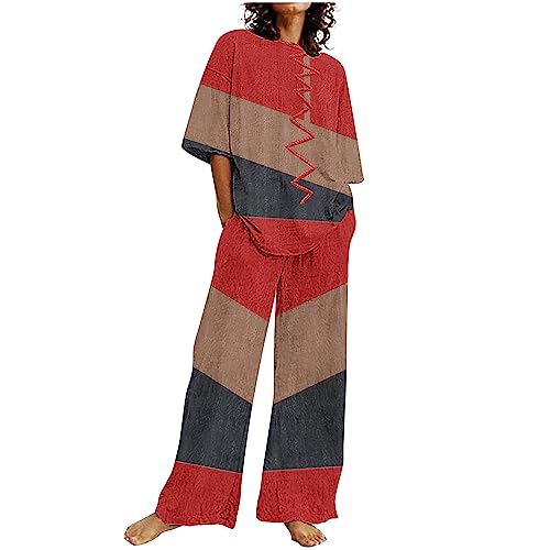 NUSGEAR Conjunto Dos Piezas Mujer Casual Algodón Lino Camiseta manga corta y Pantalones verano otoño Deportivo Suelto Traje Cómodo Conjunto Casa Moda Color sólido Chandal ligera Talla grande 2024