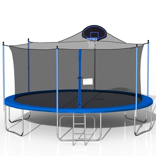 Trampolines, Sports EMKK - Cama elástica de 16 pies con Red de Cierre, Cama elástica para niños y Adultos, Aprobado por ASTM para Patio Trasero con aro de Baloncesto y Red, Cama...