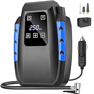 Guiseapue Car Tyre Inflator Air Compressor Tyre Pump 12V 150 PSI with 3 Nozzle Adaptors, LED Light for Car, Bicycle…