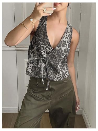 MakeMeChic Women's Cheetah Print Denim Top Wrap Tie Front Sleeveless Summer Y2K Tank Crop Tops4