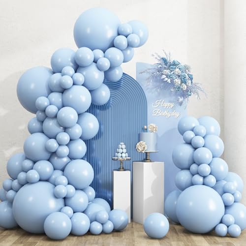 Image of RUBFAC 135pcs Light Baby Blue Balloons Different Sizes 18 12 10 5 Inch for Garland Arch, Latex Pastel Blue Balloon for Baby Shower Gender Reveal Birthday Party Wedding Decorations