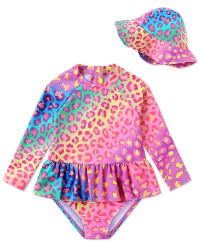 Image of Redair Toddler Girls One Piece Swimsuit Long Sleeve Bathing Suit with Hat UPF 50+ Sun Protection 1-5T