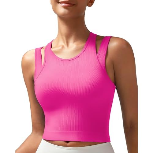 RUNNING GIRL Sports Bras for Women High Impact Seamless Ribbed Longline High Neck Workout Crop Tank Tops Padded B-hot Pink Large