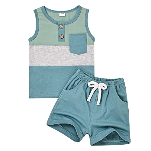 FOCUTEBB Boy Clothes 2 Years Old Toddler Boy Clothes Baby Boys Summer Outfits Sleeveless Patchwork Shirt Tops Shorts Set Summer Boys Set Clothes Set Green 2-3T/100cm