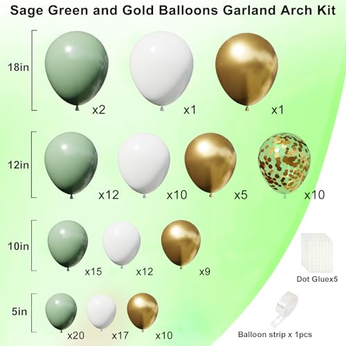 Image of Sage Green Balloon Arch Garland Kit, Sage Green White Gold Balloons for Boho Birthday Wedding Bridal Baby Shower Engagement Party Decorations
