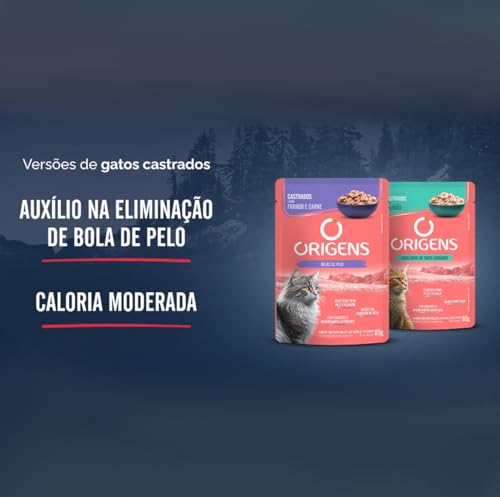 Sachê Origens Gatos Adultos Castrados Frango e Carne 85g 6 unid Ração úmida