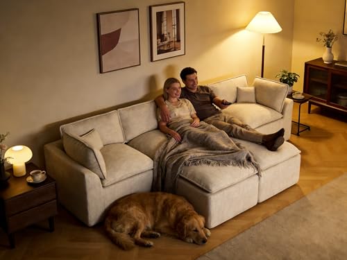 Image of 138 inch Oversized Modular Sectional Sofa, U Shaped Couch Set with 2 Pillows, 6 Seat Boneless Cloud Couches with 2 Movable Ottomans for Living Room, Corduroy, Beige
