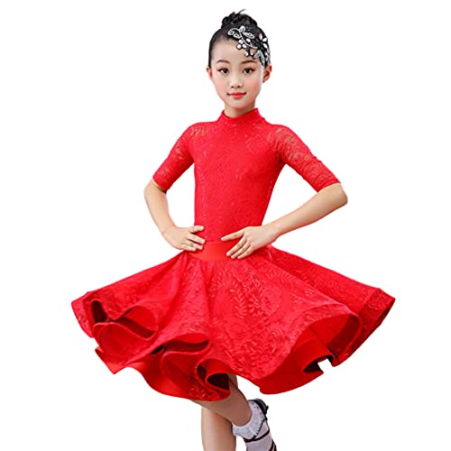 CRETUAO Vestido feminino de dança latina manga longa renda para competição de salão fantasia de danç