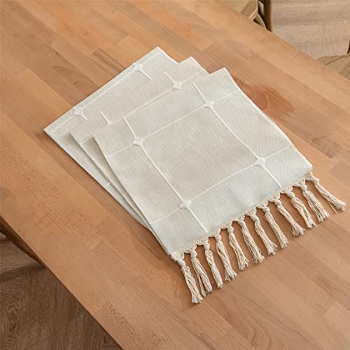Gernaice Rustic Lattice Linen Table Runner 13 X 108 Inches Vintage Checkered Boho Farmhouse Embroidery Plaid 108 Inches Long Table Runners With Tassel Kitchen Dining Holiday Party Home Decor White #TOP6