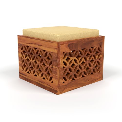 Image of ONIJA Solid Sheesham Wood Coffee Table with 4 Stools | Rosewood Centre Table with Cushioned Stool for Living Room (CNC,Honey Finish)