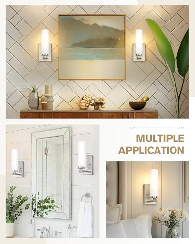 Image of Emak Brushed Nickel Wall Sconces, 2 Light Bathroom Light Fixtures with Milk Glass Shade, Modern Wall Lights for Bathroom, Mirror, Living Room, Bedroom, Gallery, WS086-BN-ML-2PK
