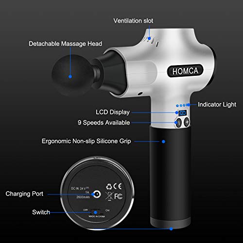 Massage Gun Muscle Deep Relaxation - HOMCA Deep Tissue Percussion Massager for Pain Relief, Quick Rechargeable Handheld Electric Body Massager- 5 Massage Heads 9 Speeds High Intensity Vibration