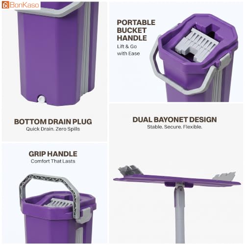 Image of BonKaso Telescopic Flat Mop & Bucket Set with Hands-Free Squeeze System, Microfiber Floor Cleaning Mop for Wet & Dry Cleaning | Includes 2 Reusable Pads for Home, Kitchen, Bathroom & Office | Purple