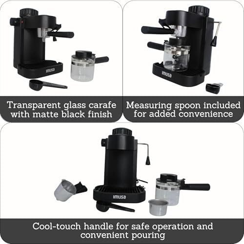 Image of IMUSA Electric Espresso Cappuccino Maker 4 Cup Capacity with Milk Frother Black Coffee Machine for Home Barista Experience