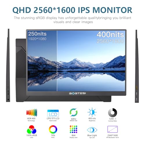 Image of 16 Inch Portable Monitor, 2.5K 60HZ 2560x1600 Office Portable Monitor QHD IPS Ultra Bright Eye Care with Matte Screen for PC /MAC /Phone /Switch /PS /Xbox with USB-C & HDMI