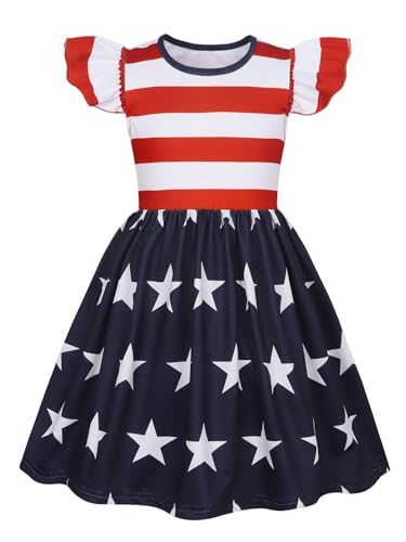 WonderBabe Girls Memorial Day Dress Toddler Girls Independence Day Outfits Girl Straps Flutter Sleeve Dress 4th of July American Flag Stars Striped Sundress Size 5-6 Years