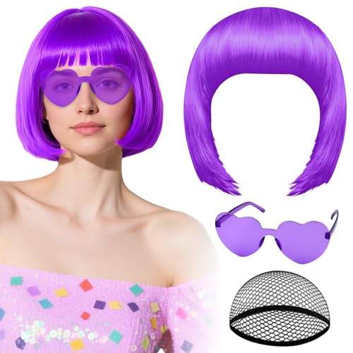 PLULON Purple Bob Wig with Heart Sunglasses and Hair Cap Colorful Short Bob Wigs Synthetic Party Wigs Funny Cosplay Hairpieces for Women Men Neon Bachelorette Halloween Costume Party Decorations