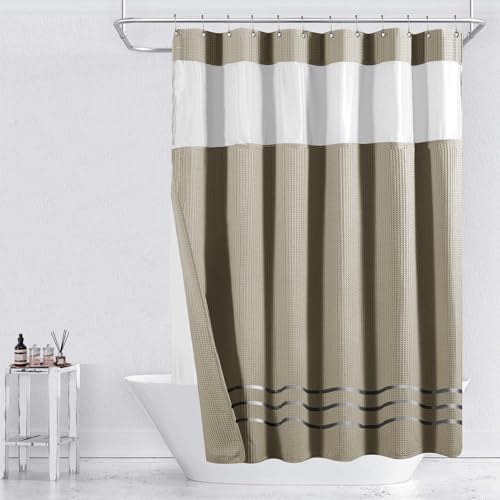 Yimobra Waffle Weave Shower Curtain Set with Snap-in Fabric Liner, Heavyweight Fabric with 12 Hooks, Waterproof and Washable, Mesh Top Window, 72 "x 72", Light Coffee