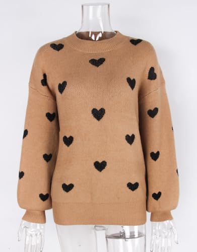 Image of Women's Long Sleeve Mock Neck Sweaters Loose Cute Heart Pullover Sweater