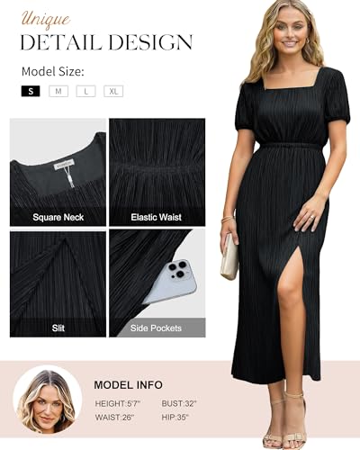 Image of ECOWISH Women Maxi Dresses Cocktail Party Wedding Guest Formal Pleated Long Dress Short Sleeve Slit Empire Waist Evening Gown