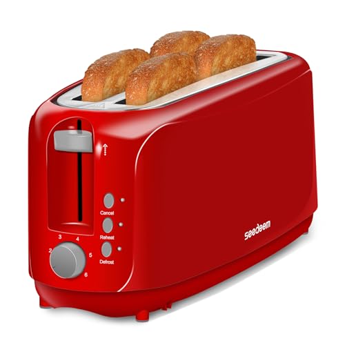 SEEDEEM 4 Slice Toaster, Extra Wide Slots Bread Toaster with 6 Shade Settings, Bagel/Cancel/Defrost/Reheat Functions, Removable Crumb Tray, Auto Shut-Off, Red