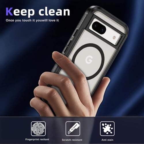 YANJIEER ESONG Magnetic Case for Google Pixel 8A,Compatible with MagSafe,Military Grade Shockproof Hard PC Rugged Bumper Protective Phone Cover with 1 Tempered Glass Screen Protectors,Black+Clear - Image 4