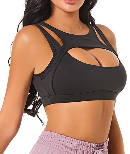 Push up Sports Bra for Women Sexy Hollow Crop Tops with Removable Cups Yoga Workout Fitness Yoga Bra Medium Support Black