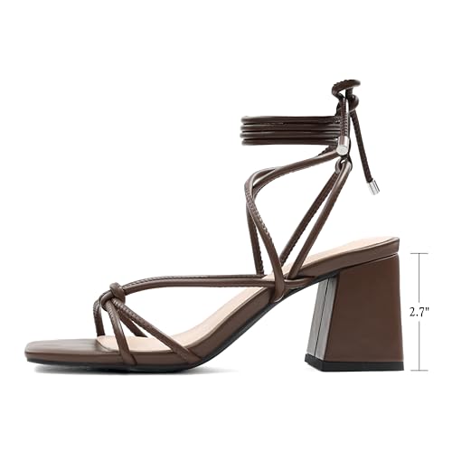 Image of Shoe'N Tale Lace Up Heels for Women Ankle Strappy Gladiator High Heeled Sandals Chunky Block Heel Square Open Toe Criss Cross Dress Shoes