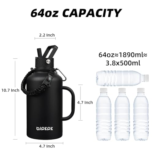Image of BJPKPK Half Gallon Insulated Water Bottles with Straw Lid & Side Handle, 64oz Large, Stainless Steel Water Bottles with 3 Lids and Paracord Strap, Metal Water Jug,Black