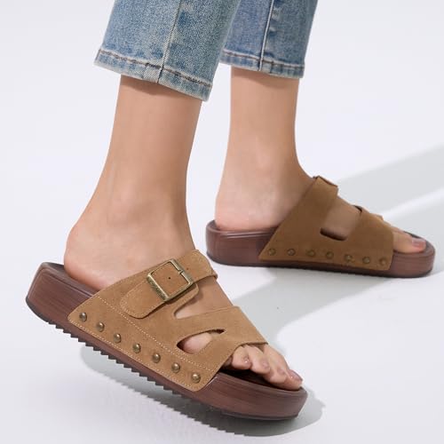 Image of UBFEN Womens Platform Slide Sandals | Real Leather,Buckle Sandals with Cushioned Flatform Footbed,Comfortable for Walking,Arch Support,Casual Styling
