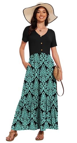 Image of VIISHOW Women's Short Sleeve Maxi Dress 2026 Summer V Neck Knit Loose Plain Empire Waist Casual Dresses with Pockets