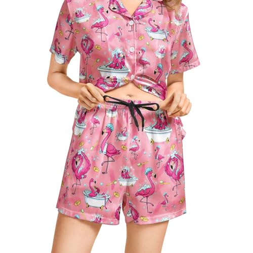 Image of Funny Pajamas for Women Set Print Satin Loungewear Pjs Short Sleeve Button Down Top and Shorts Sets Sleepwear XS-3XL
