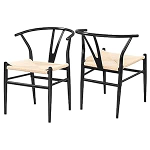 Yaheetech Set of 2 Weave Arm Chair Mid-Century Metal Dining Chair Y-Shaped Backrest Hemp Seat, Black