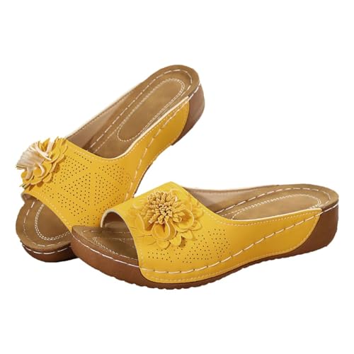 Women’s Arch Support Dressy Wedge Platform Sandals, Floral Open-Toe Leather Sandals For Summer Casual Comfort