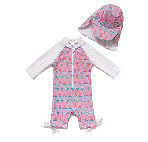 BONVERANO TM Kids Girls UPF 50+ Sun Protection L/S One Piece Zip Sun Suit with Sun Hat (24-36 Months,Water Melon)
