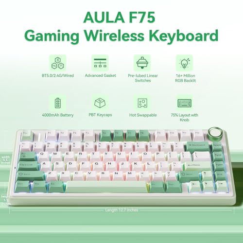Image of Aula F75 Gaming Keyboard, 75% Wireless Keyboards RGB Backlit with Knob, Tri-Mode Hot Swappable Mechanical Keyboard for PC Gamer - Green