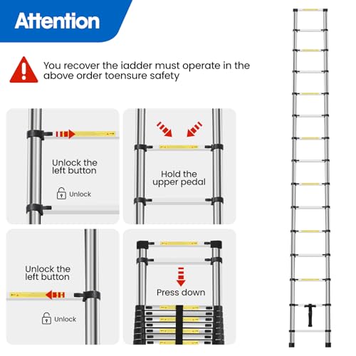 Panana Telescopic Ladder, 4.4m/ 14.4ft Stainless Steel Extension Ladders, Collapsible Portable Loft Ladder with Non-Slip Feet, Adjustable Height Step Ladder for Home and Outdoor Use 5 Panana Telescopic Ladder, 4.4m/ 14.4ft Stainless Steel Extension Ladders, Collapsible Portable Loft Ladder with Non-Slip Feet, Adjustable Height Step Ladder for Home and Outdoor Use - Image 5